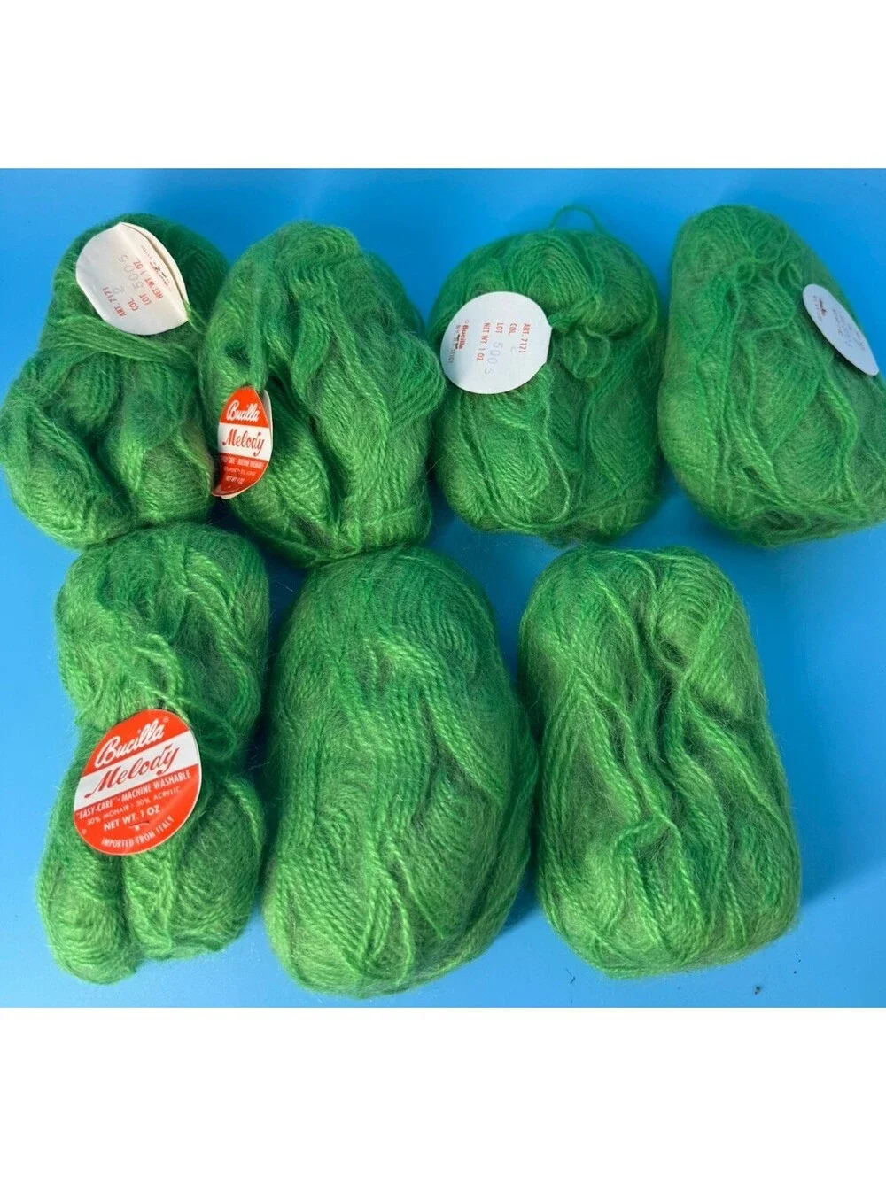 7 Vintage Bucilla Melody Mohair Blend Yarn Skeins Bright Green 1 oz Italy
